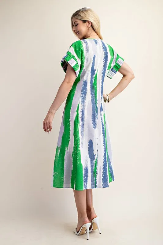 Blue/Green Linen Midi Dress With Structured Sleeve Detail