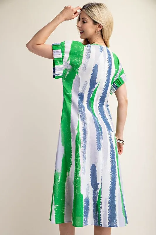 Blue/Green Linen Midi Dress With Structured Sleeve Detail