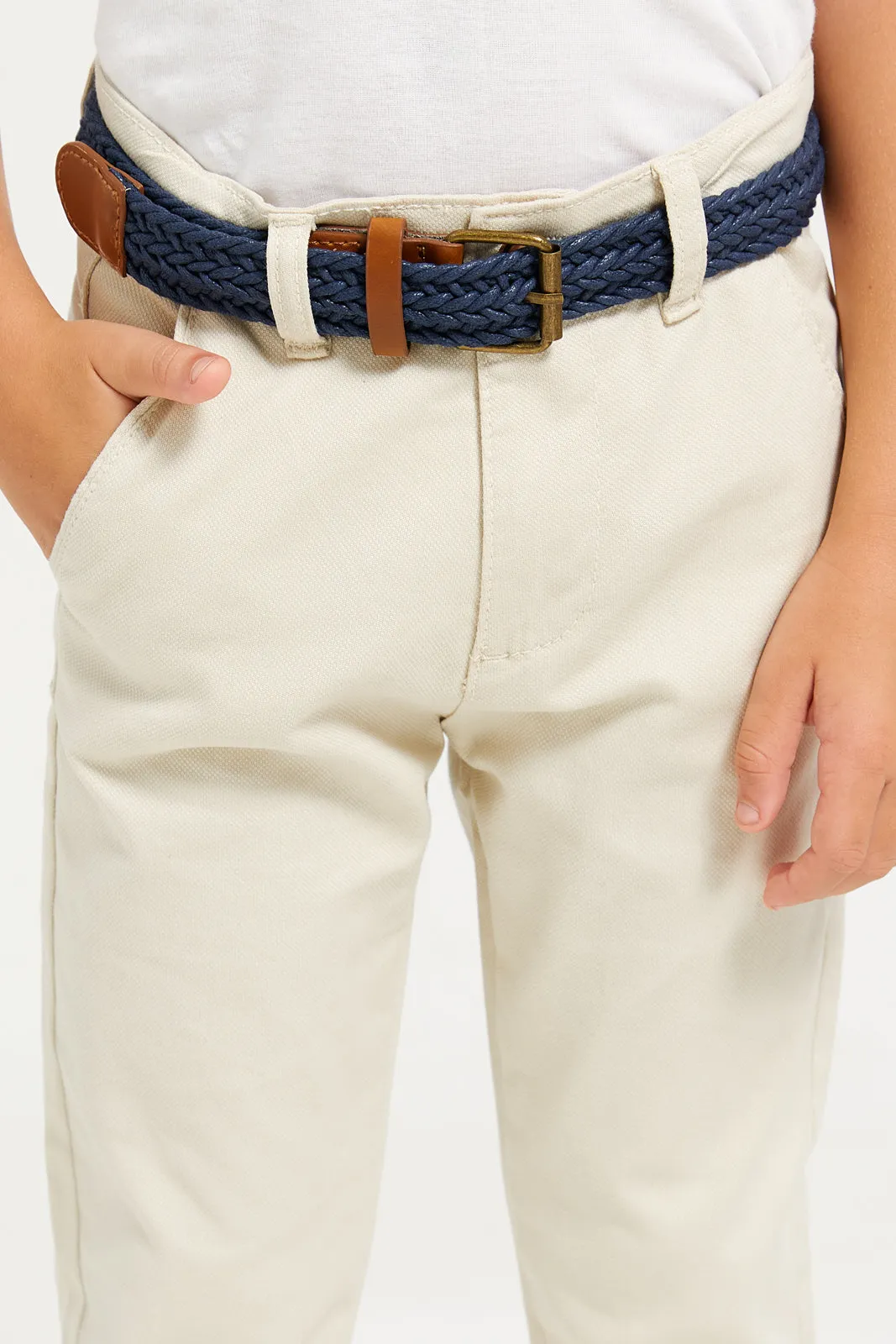 Boys Beige Dobby Fabric Belted Trouser