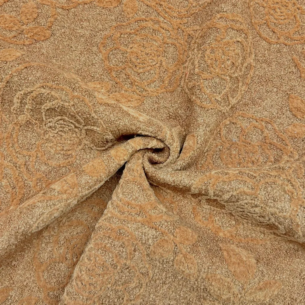 Caramel Floral Embroided Boiled Wool Fabric