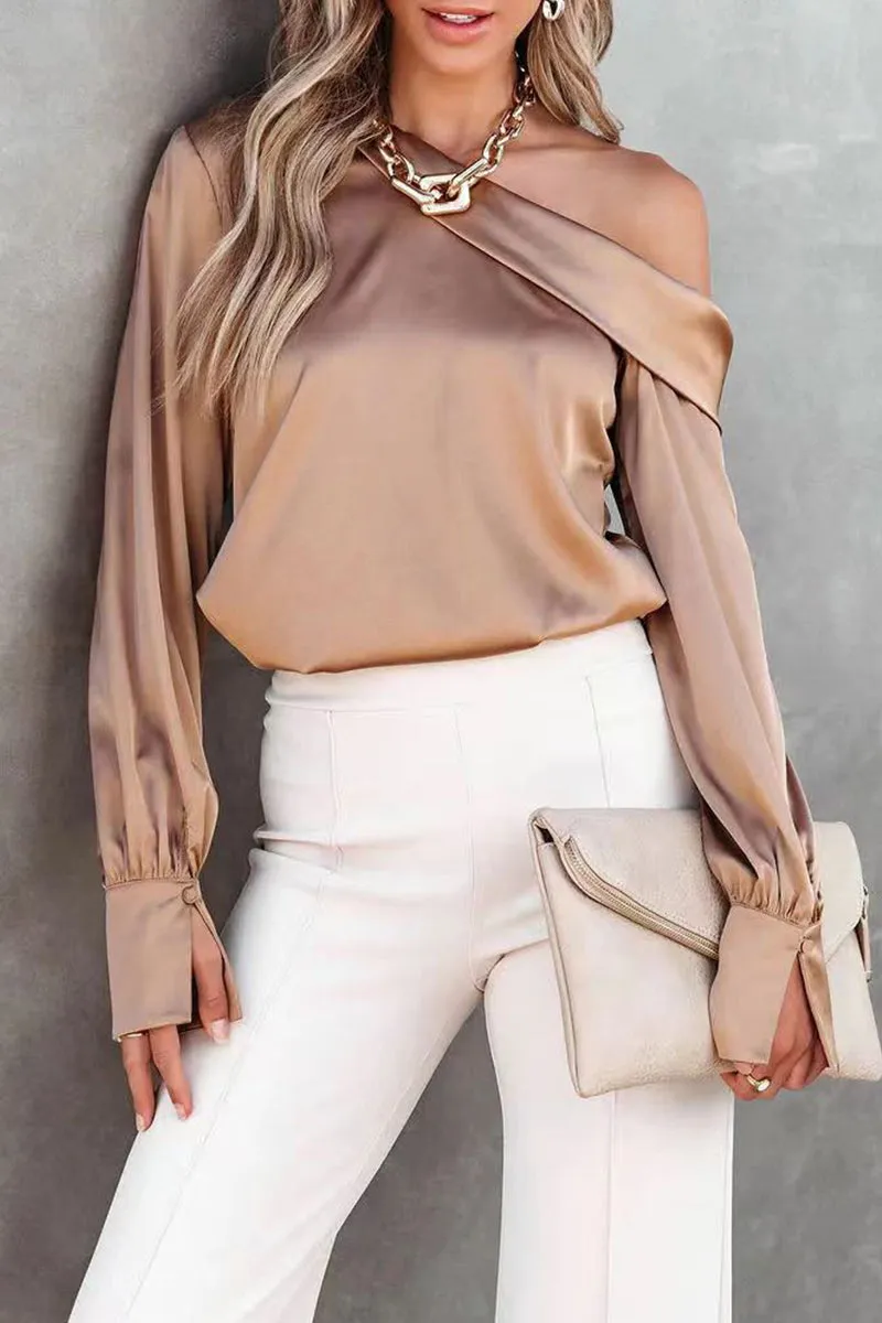 Casual Elegant Patch Solid Color Oblique Collar Blouses