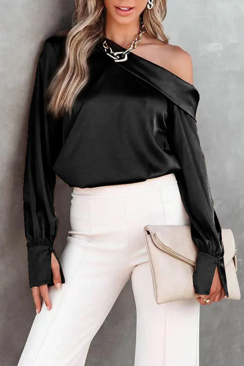 Casual Elegant Patch Solid Color Oblique Collar Blouses