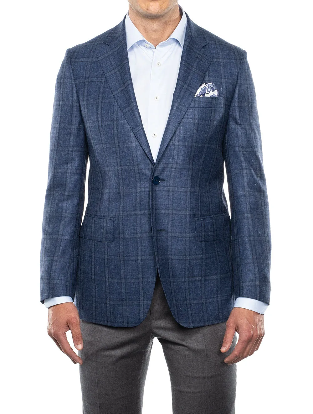 Check Silk And Linen Jacket Blue