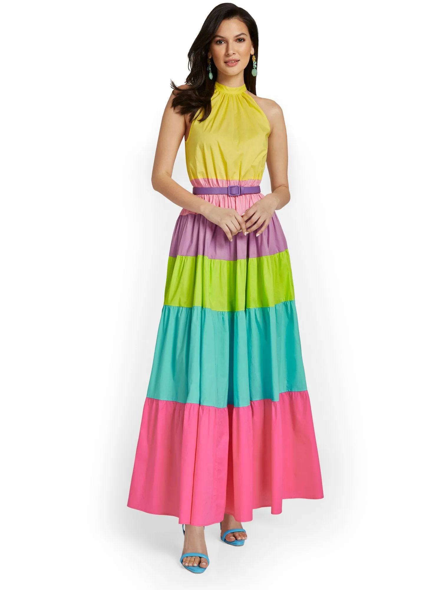 Colorblock Halterneck Poplin Maxi Dress