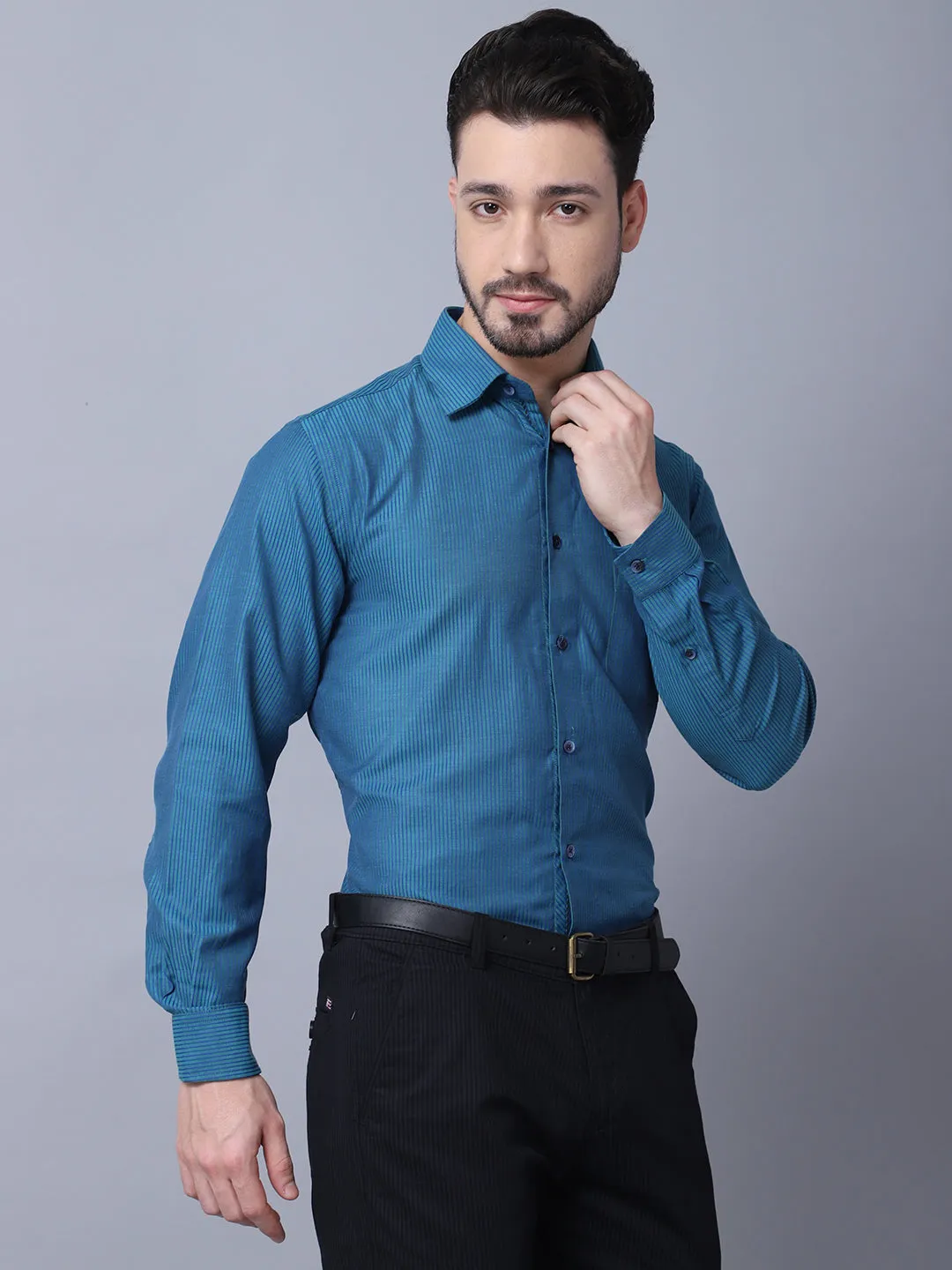 Cotton Blend Striped Turquoise Blue Full Sleeve Regular Fit Formal Shirt for Men with Pocket