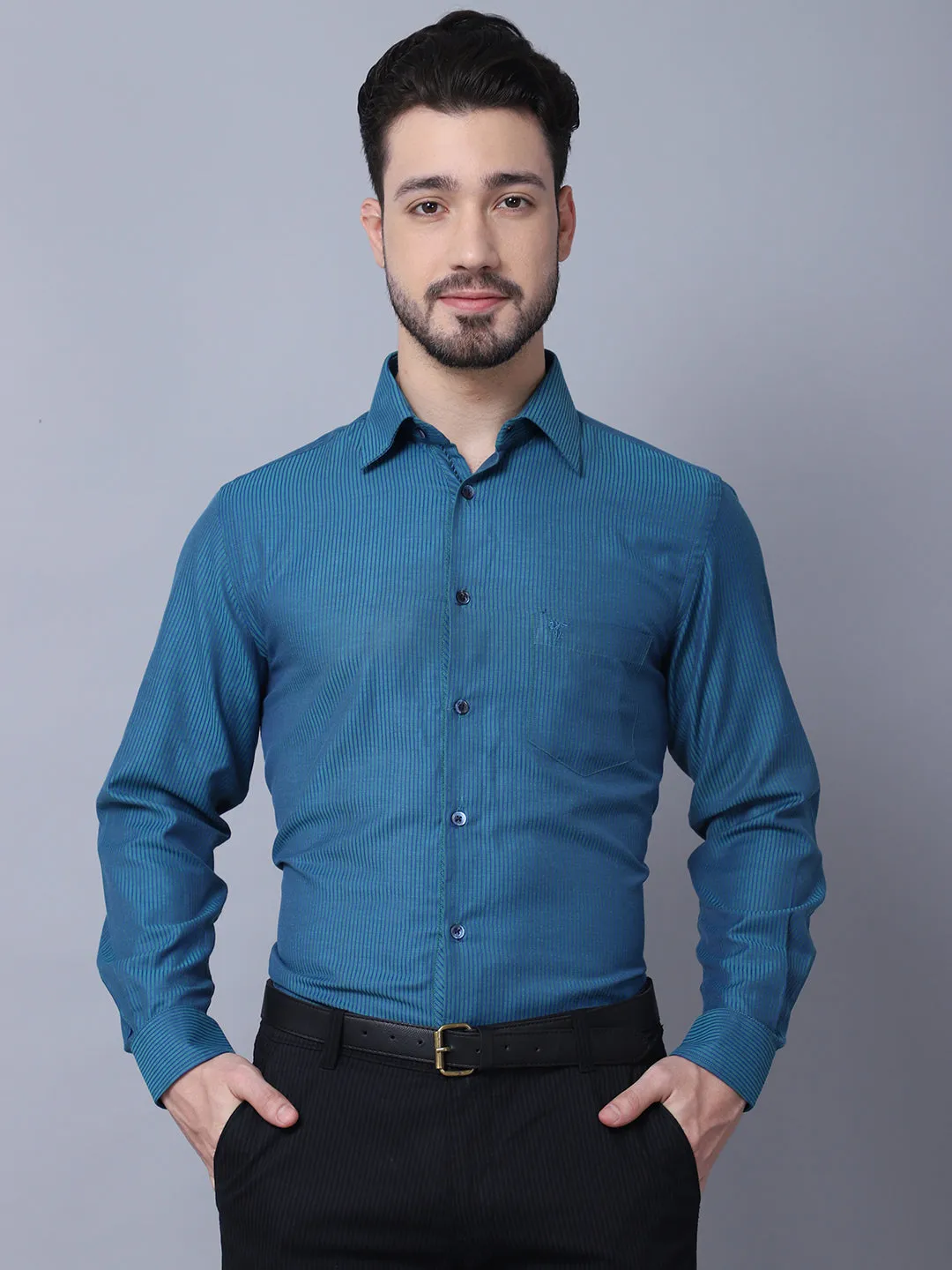 Cotton Blend Striped Turquoise Blue Full Sleeve Regular Fit Formal Shirt for Men with Pocket