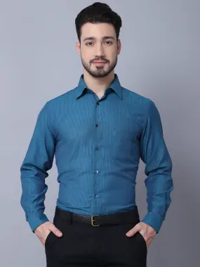 Cotton Blend Striped Turquoise Blue Full Sleeve Regular Fit Formal Shirt for Men with Pocket