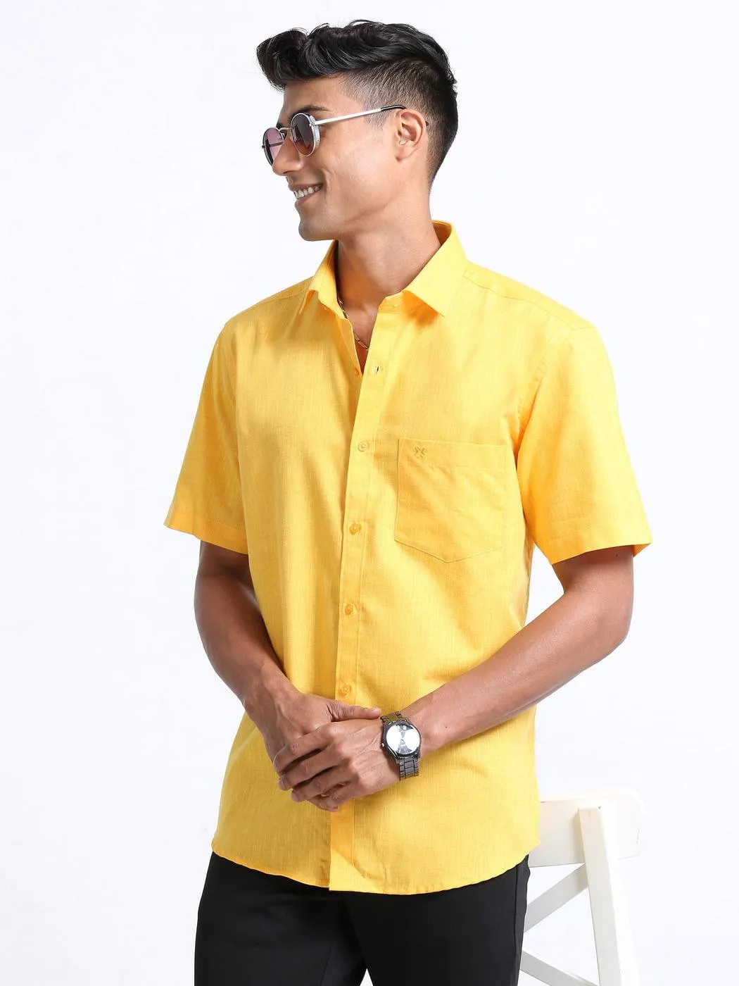 Cotton Linen Yellow Colour Shirt Half Sleeve