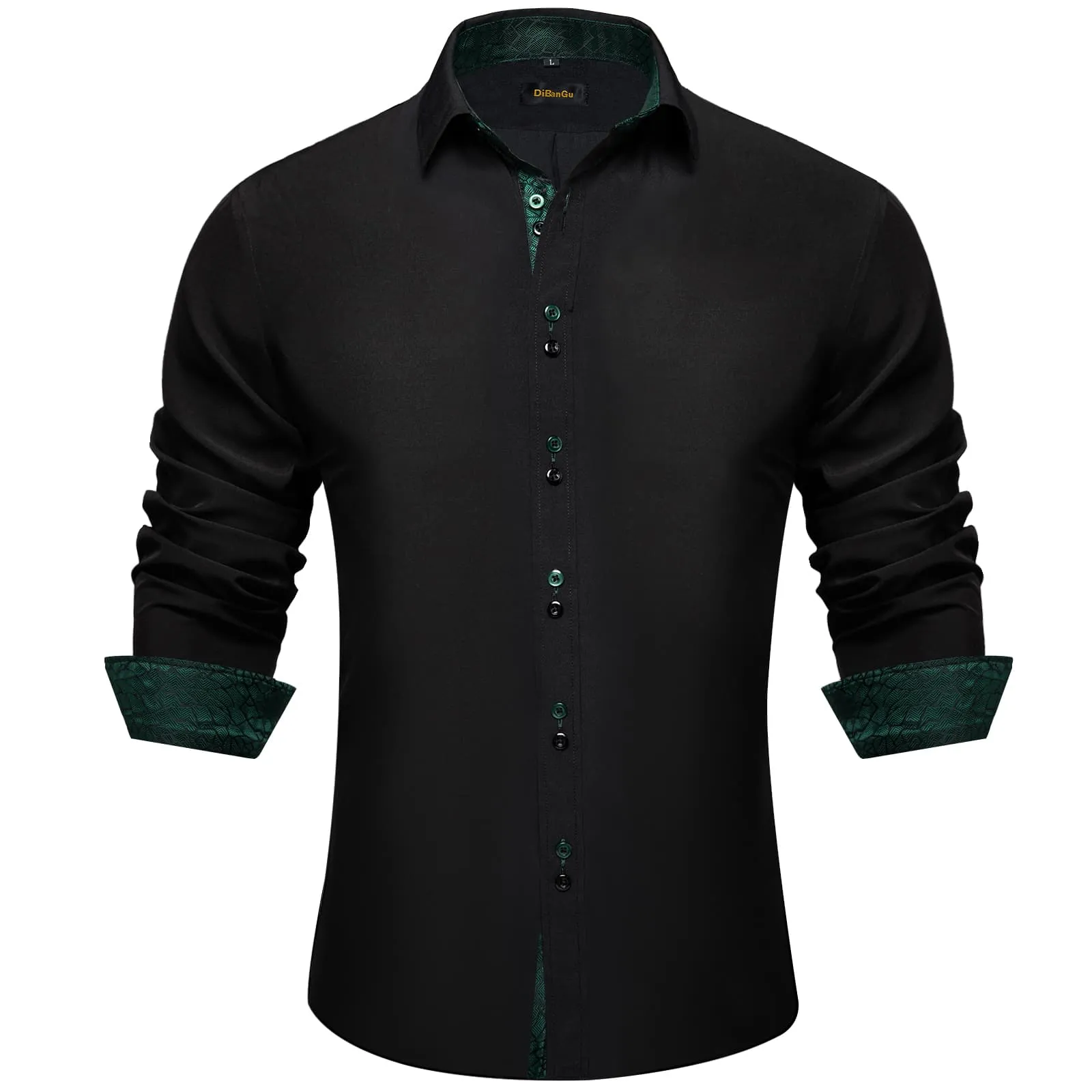 DiBanGu Mens Dress Shirt Black Solid Green Geometric Splicing Button Down Shirt