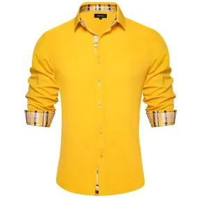 DiBanGu Mens Dress Shirt Solid Honey Yellow Splicing Silk Long Sleeve Shirt