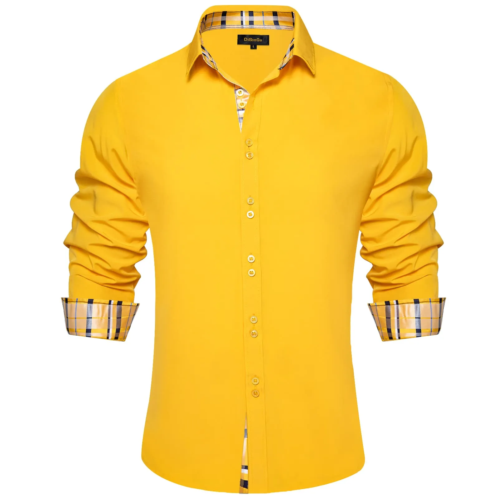 DiBanGu Mens Dress Shirt Solid Honey Yellow Splicing Silk Long Sleeve Shirt