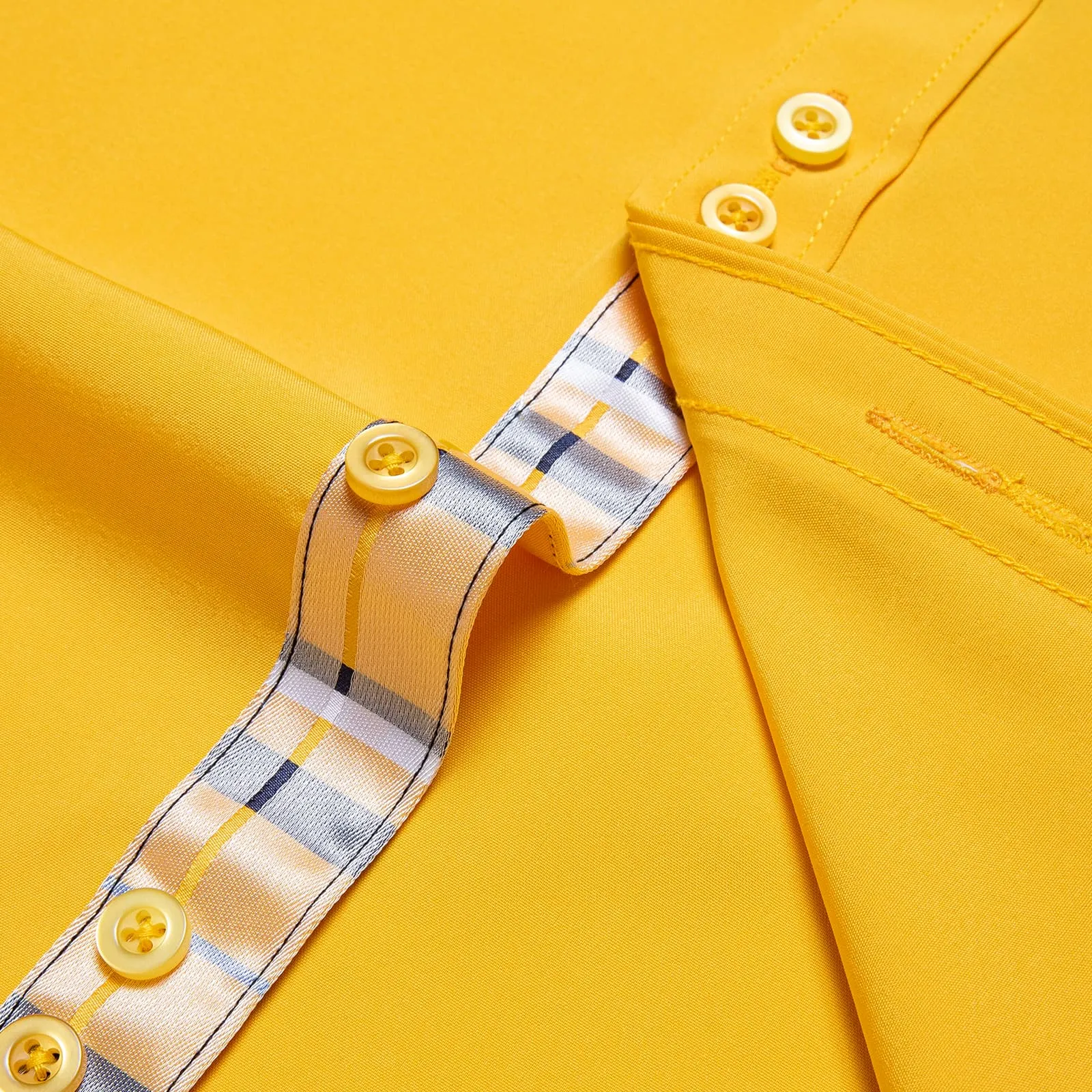 DiBanGu Mens Dress Shirt Solid Honey Yellow Splicing Silk Long Sleeve Shirt