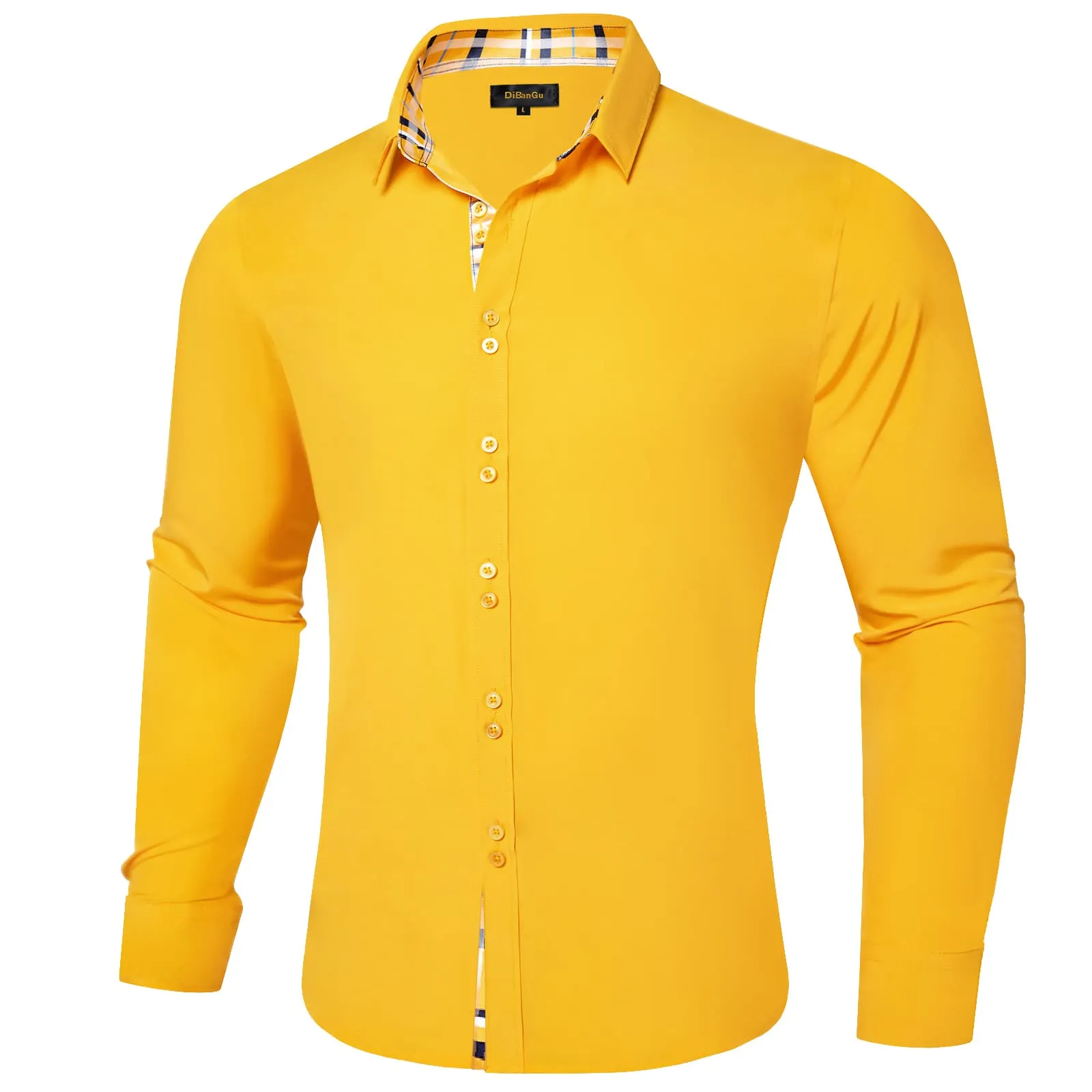 DiBanGu Mens Dress Shirt Solid Honey Yellow Splicing Silk Long Sleeve Shirt