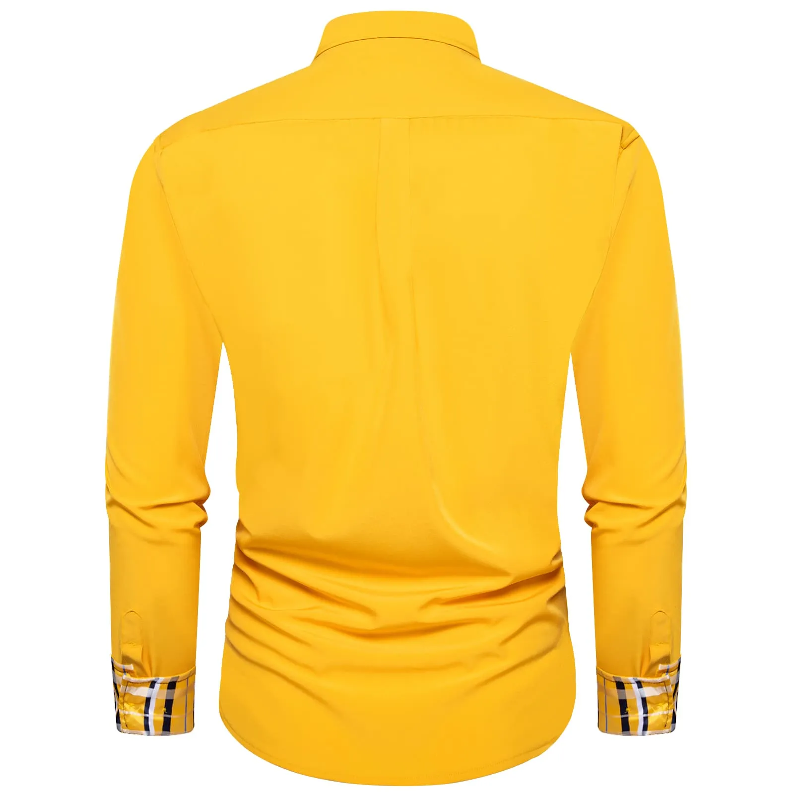 DiBanGu Mens Dress Shirt Solid Honey Yellow Splicing Silk Long Sleeve Shirt