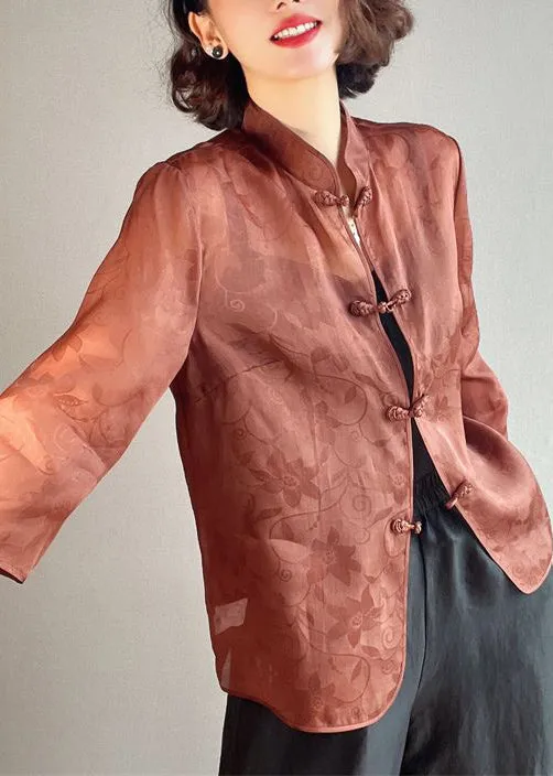 Elegant Brown Stand Collar Button Print Silk Blouses Summer QA1070