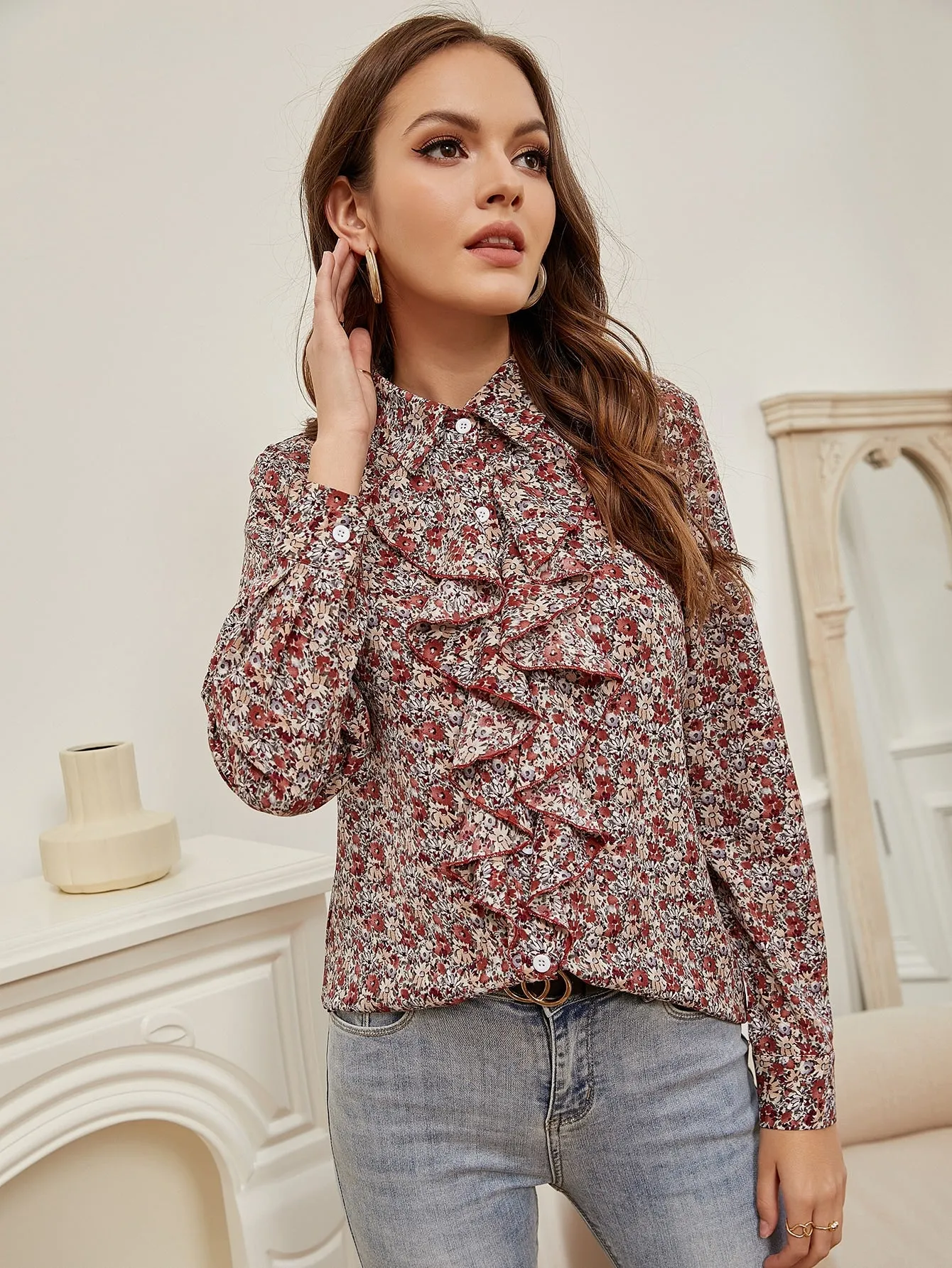 Elegant Ditsy Floral Button Front Long Sleeve Collar Regular Blouse