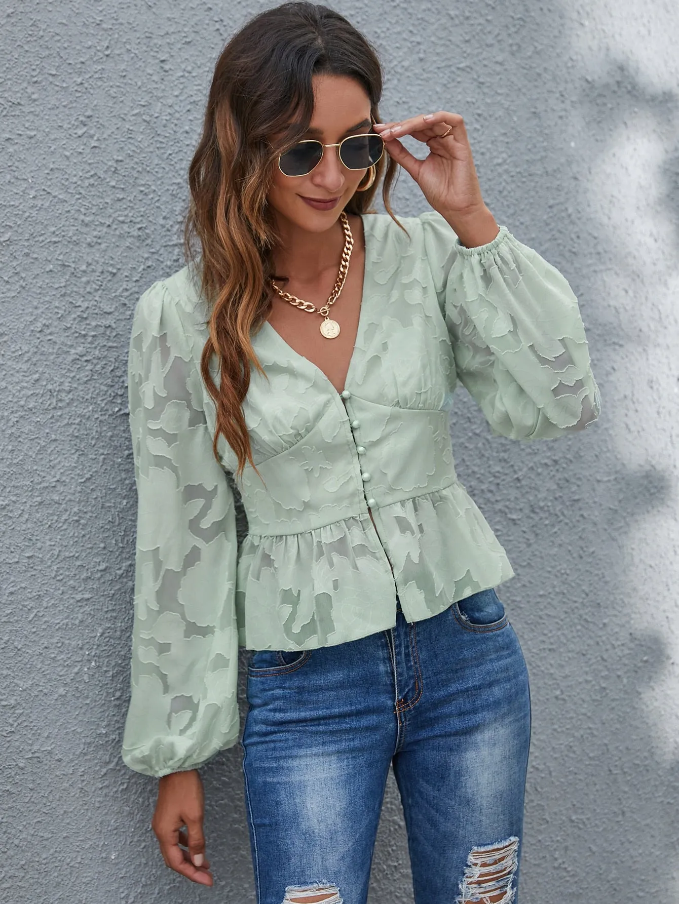 Elegant Floral Button Front Long Sleeve V Neck Flared Regular Blouse