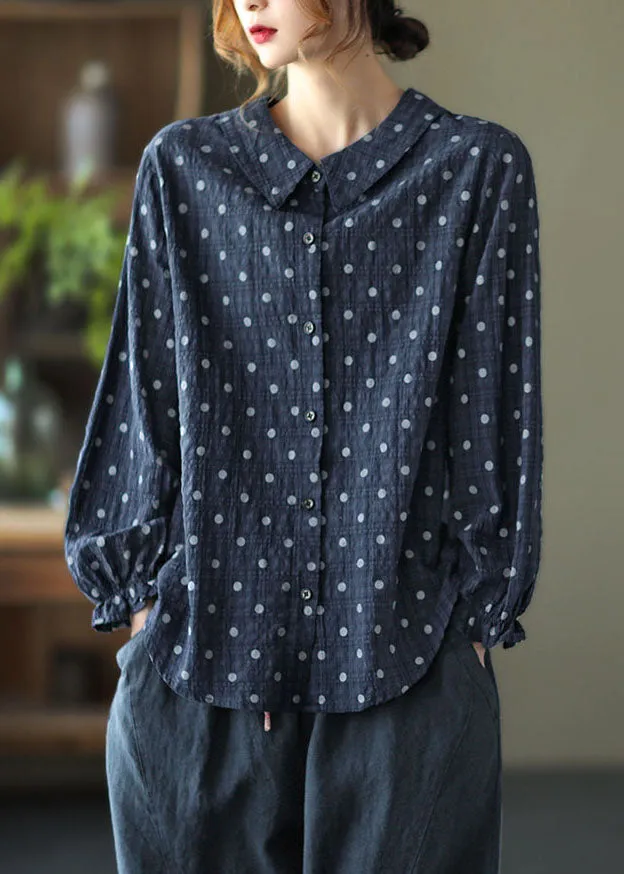 Elegant Navy Peter Pan Collar Dot Print Linen Blouses Lantern Sleeve TG1038