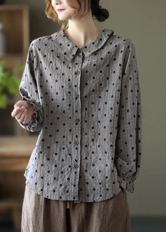 Elegant Navy Peter Pan Collar Dot Print Linen Blouses Lantern Sleeve TG1038