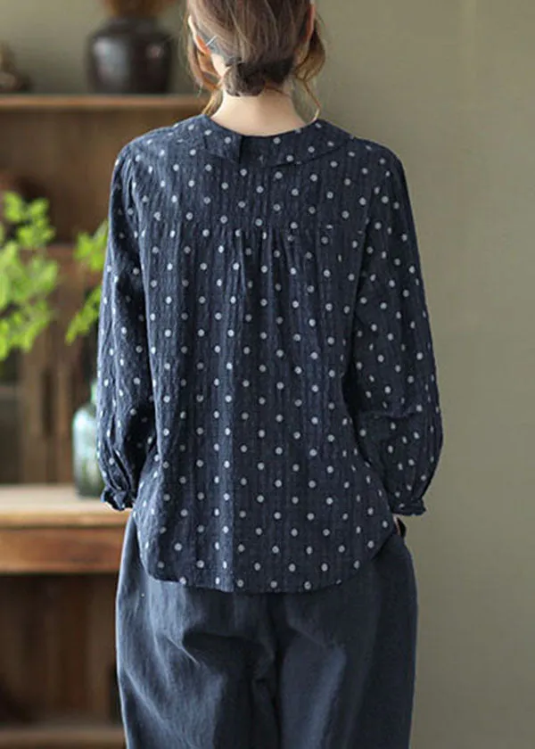 Elegant Navy Peter Pan Collar Dot Print Linen Blouses Lantern Sleeve TG1038