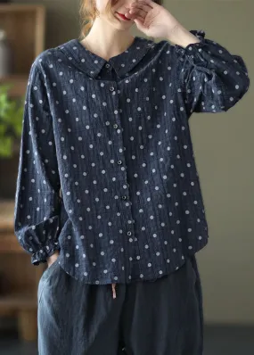 Elegant Navy Peter Pan Collar Dot Print Linen Blouses Lantern Sleeve TG1038