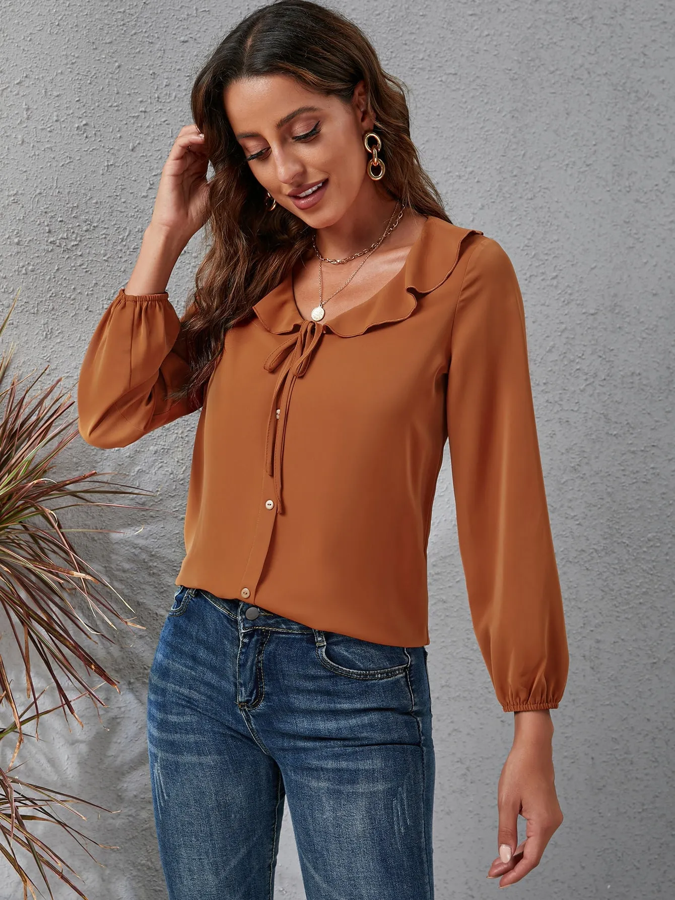 Elegant Plain Button Front Long Sleeve Peter Pan Collar Regular Blouse