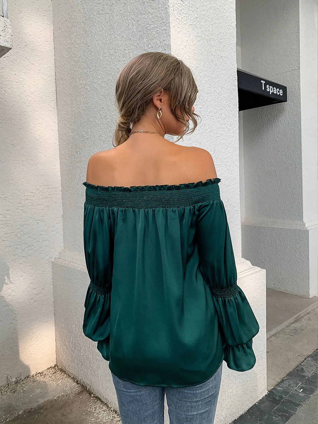 Elegant Plain Shirred Long Sleeve Off The Shoulder Long Blouse