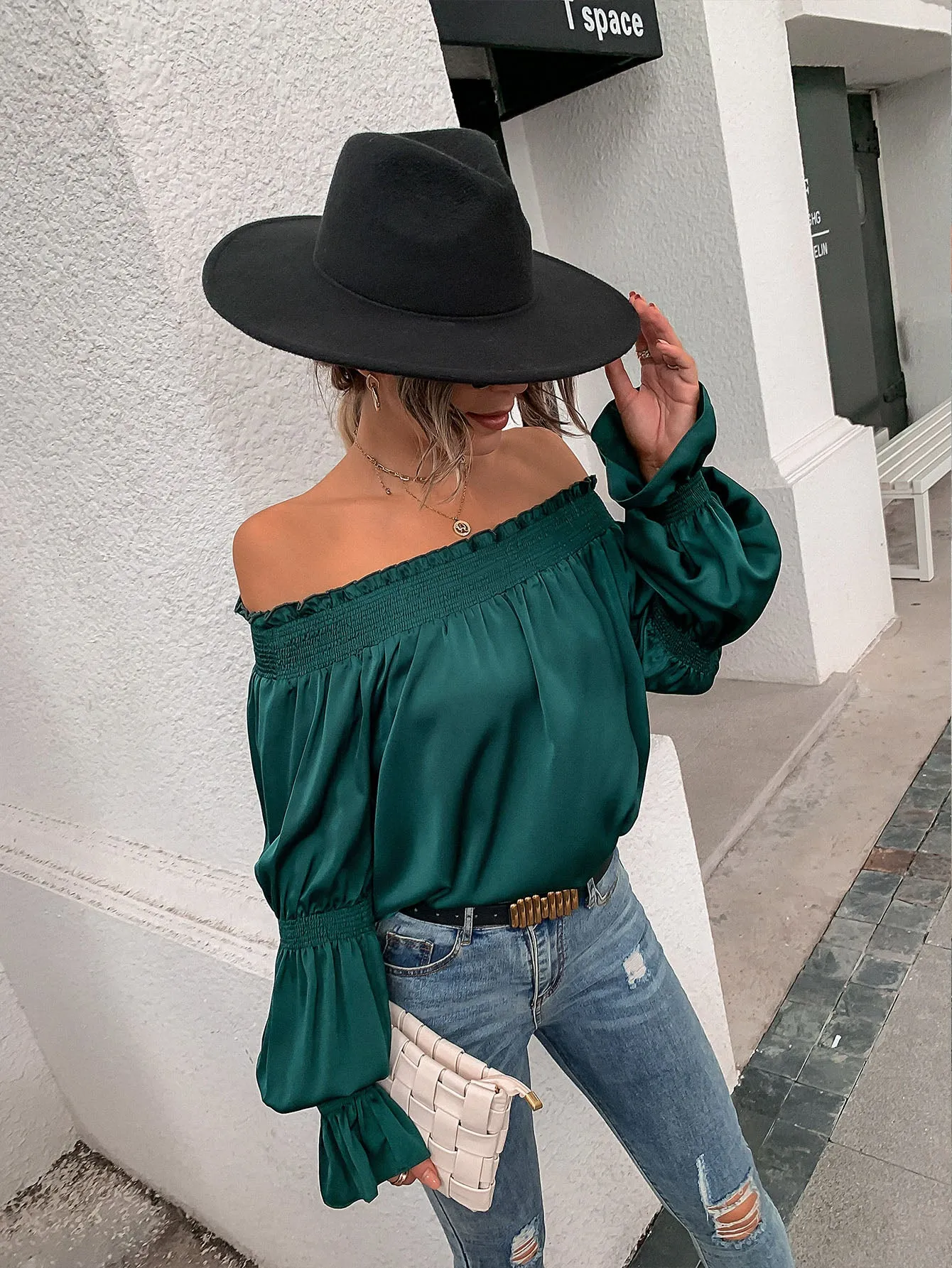 Elegant Plain Shirred Long Sleeve Off The Shoulder Long Blouse