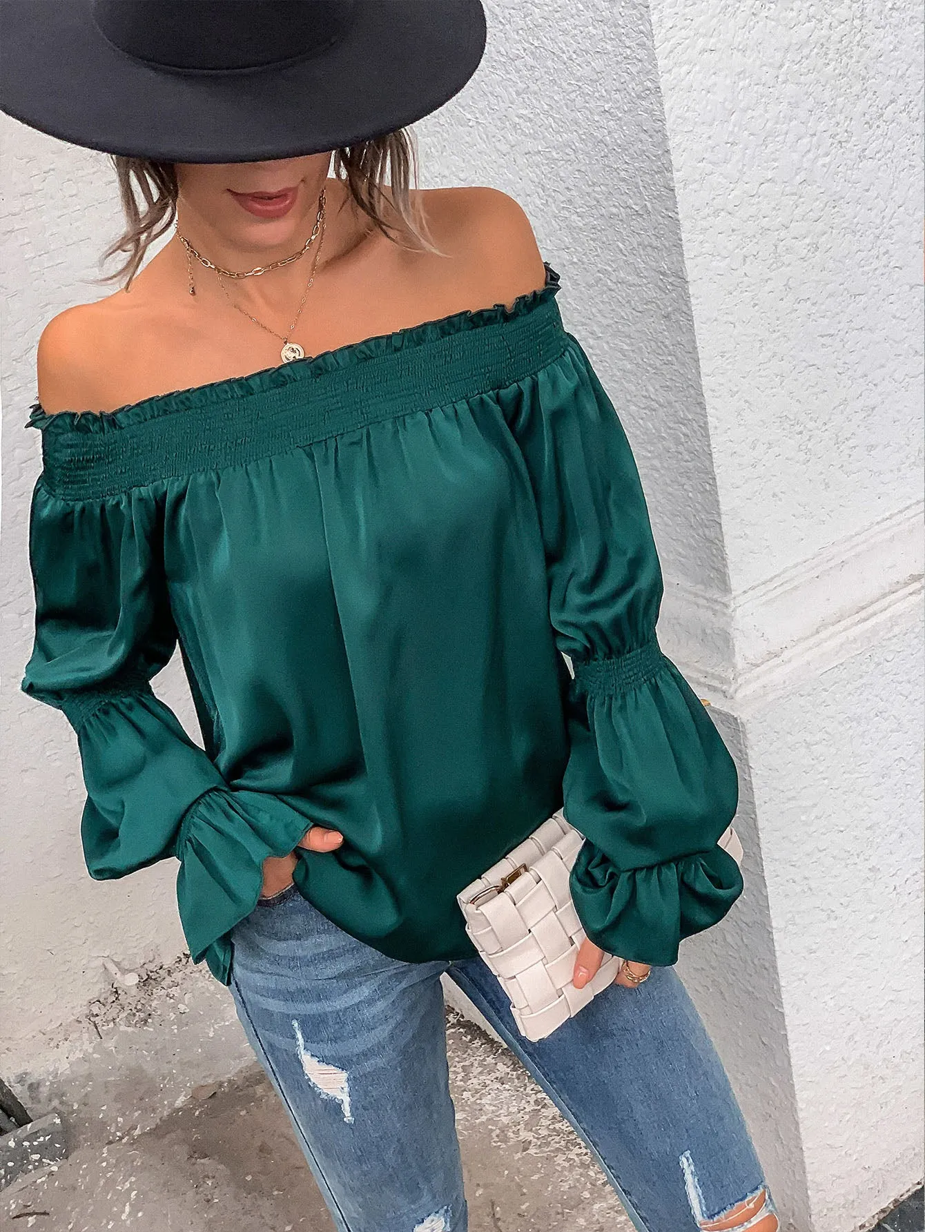 Elegant Plain Shirred Long Sleeve Off The Shoulder Long Blouse