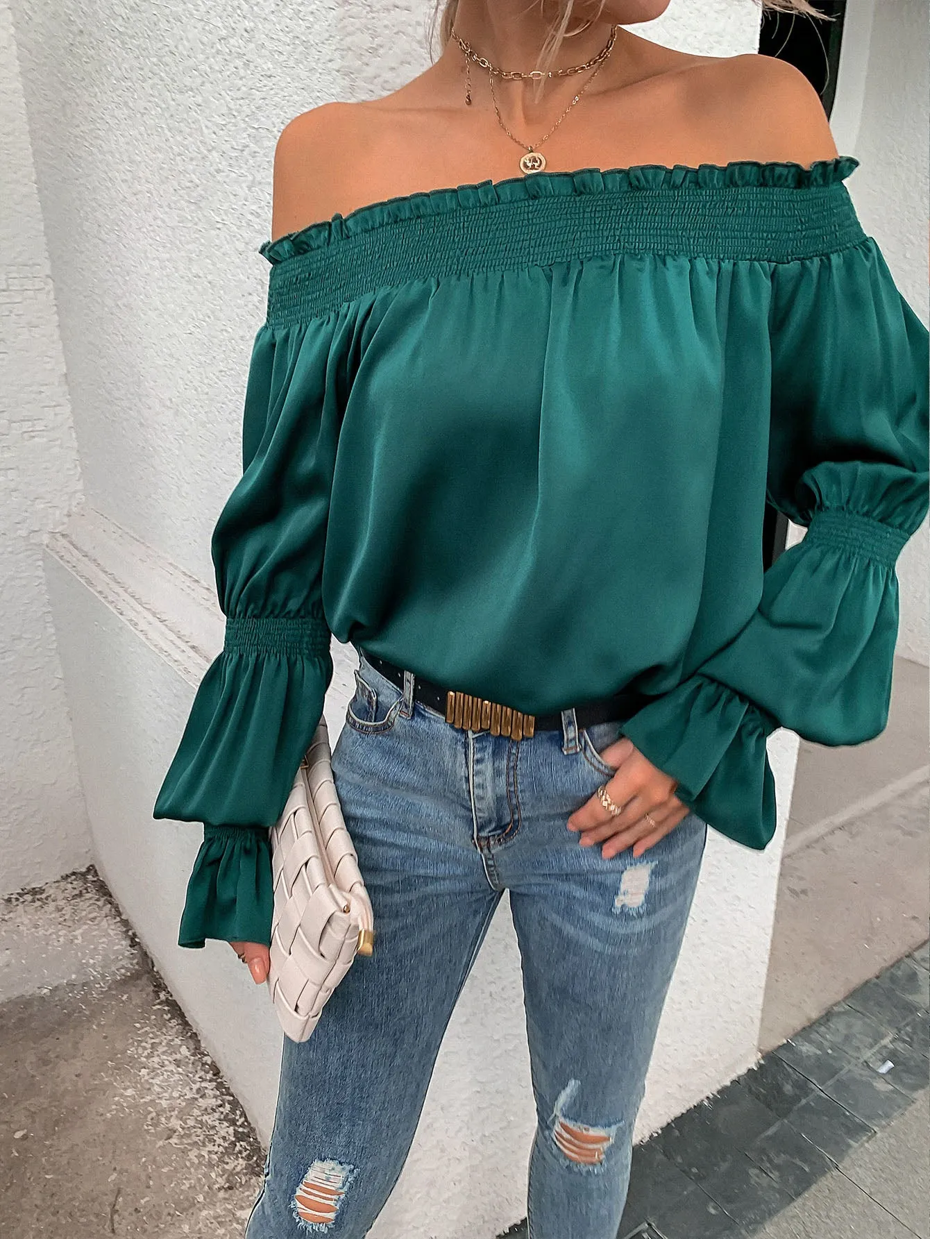 Elegant Plain Shirred Long Sleeve Off The Shoulder Long Blouse