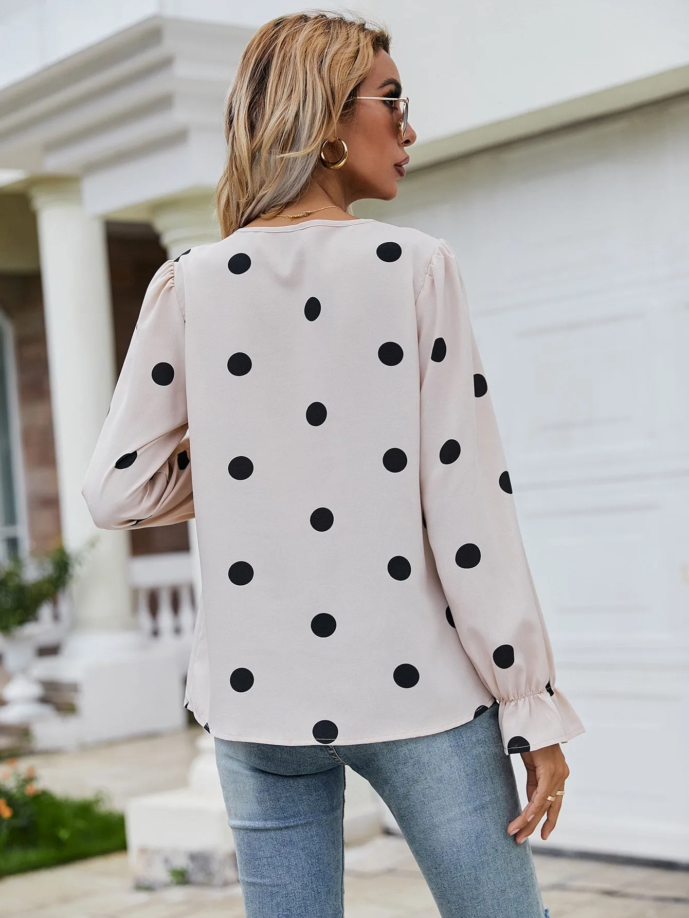 Elegant Polka Dot Button Front Long Sleeve V Neck Regular Blouse