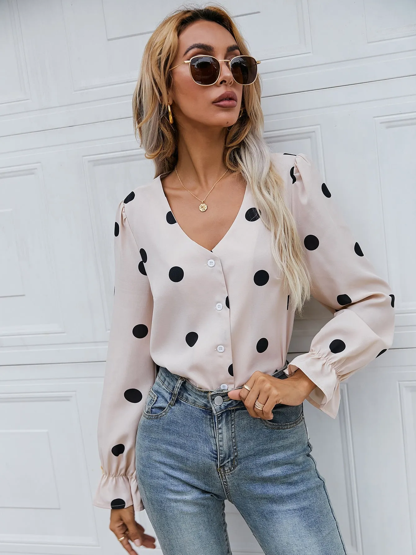 Elegant Polka Dot Button Front Long Sleeve V Neck Regular Blouse