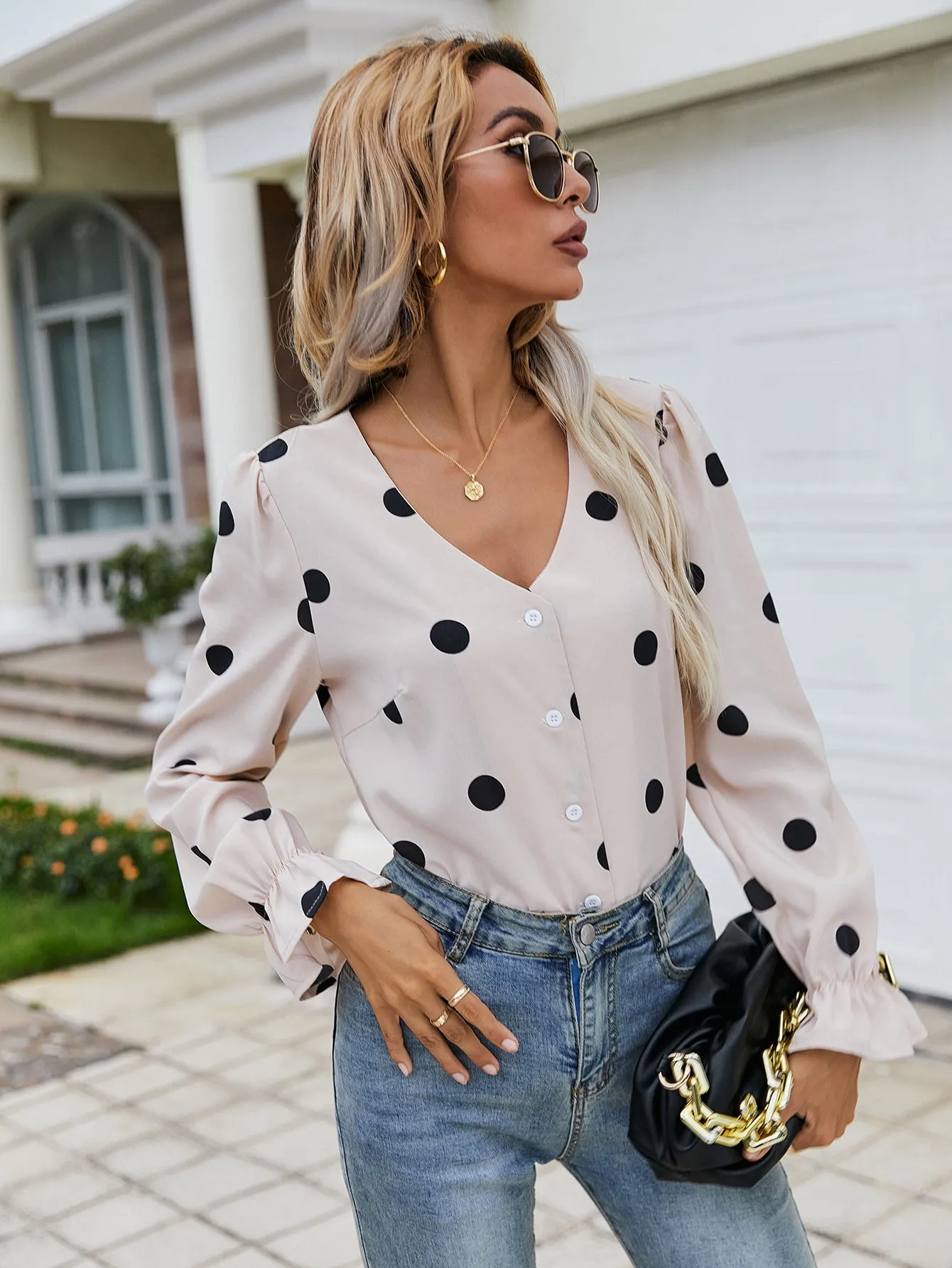 Elegant Polka Dot Button Front Long Sleeve V Neck Regular Blouse