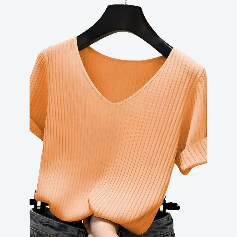 Elegant V-Neck Ribbed Blouses