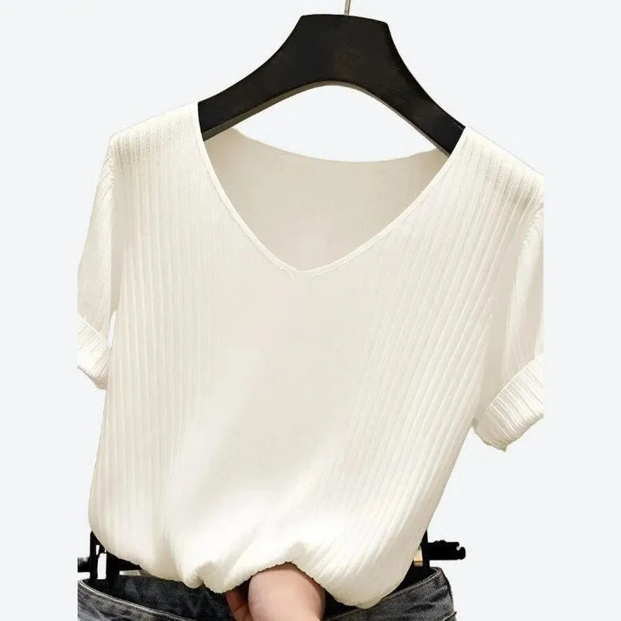 Elegant V-Neck Ribbed Blouses