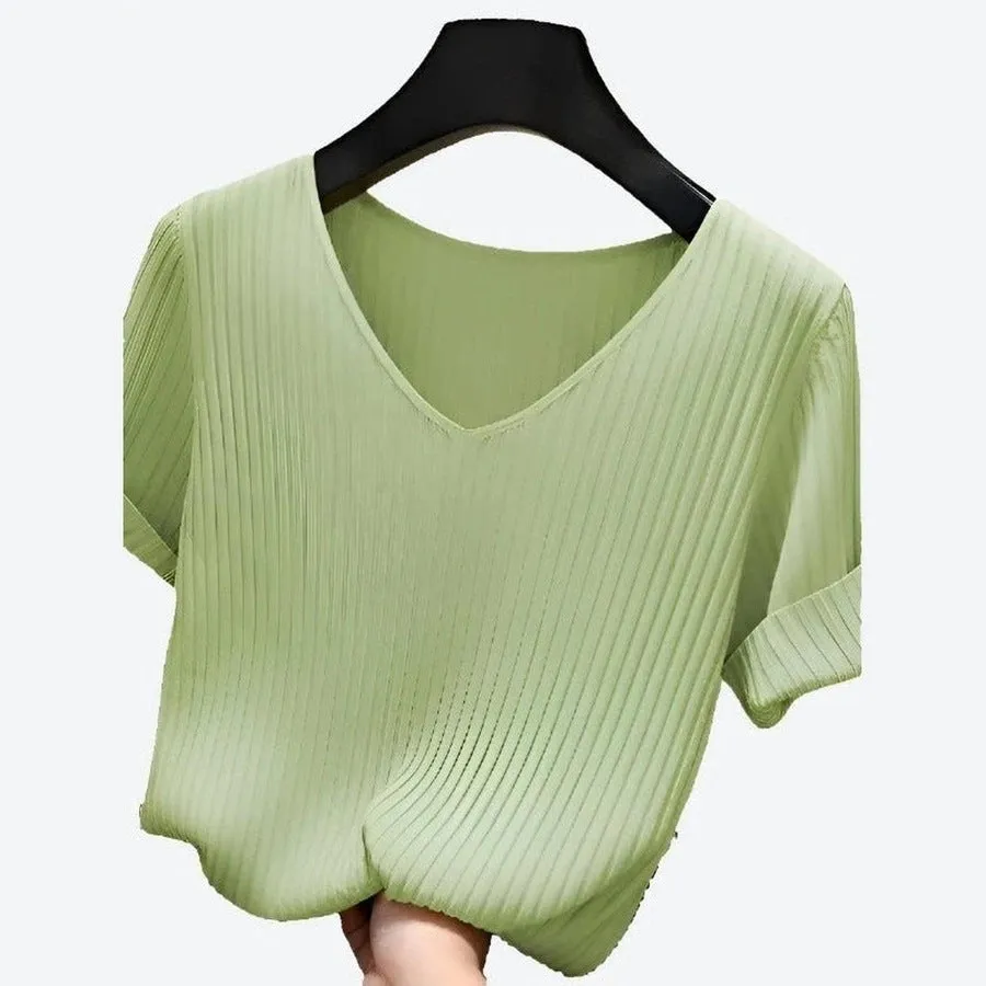 Elegant V-Neck Ribbed Blouses