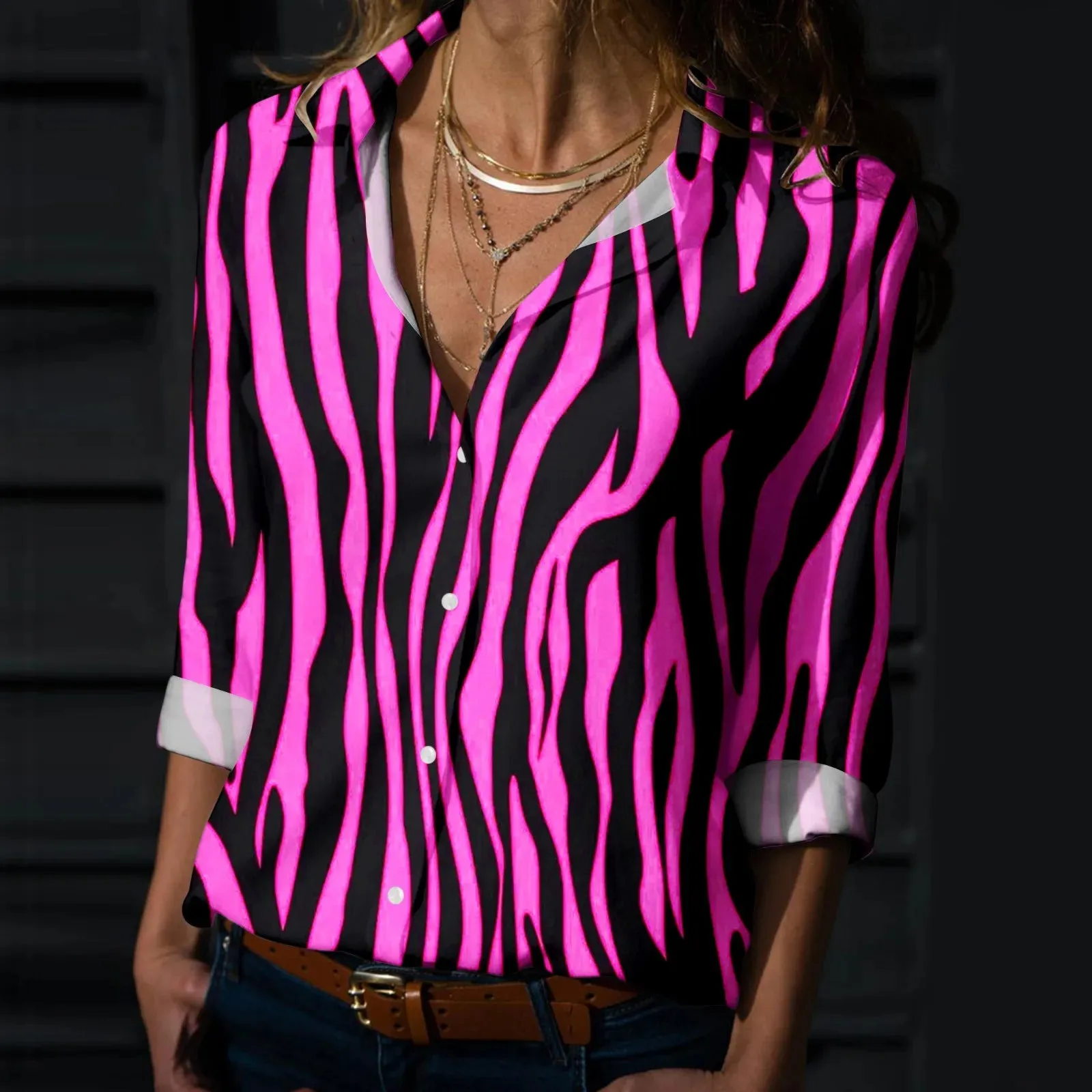 Elegant Zebra-Stripe Long Sleeve V Neck Blouse