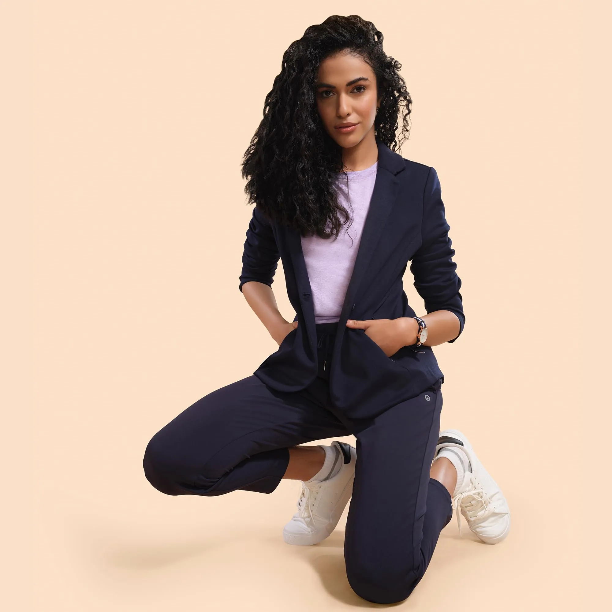 Enamor Athleisure Slim Fit Single breasted One Button Sporty Blazer for Women with 2 Side Zipper Pockets - A903 | Quick Dry & Antimicrobial Finish Blazer (A903_Navy_XXL)