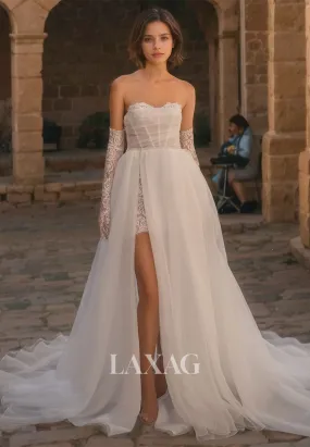 Fairytale A-Line Chathedral Train Strapless Sweetheart Appique&Organza Boho Beach Wedding Dress