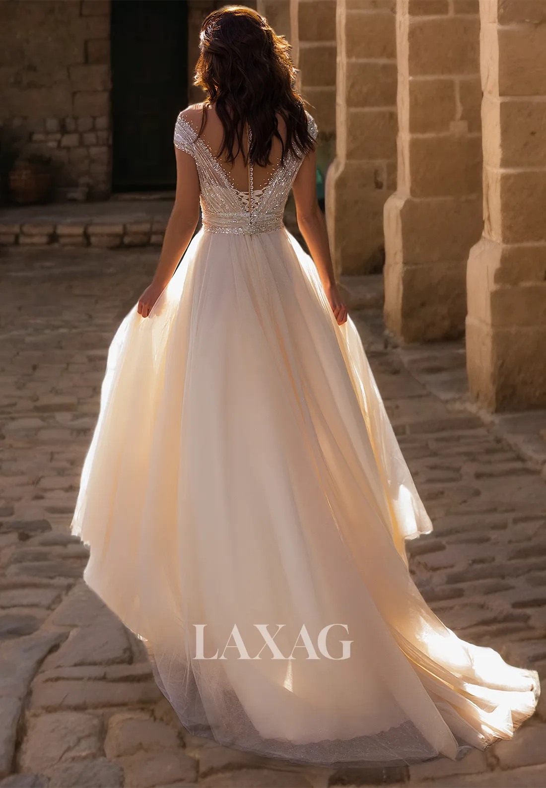 Fairytale V-Neck Sleeveless High Slit Tulle Sequin A-Line Wedding Dress