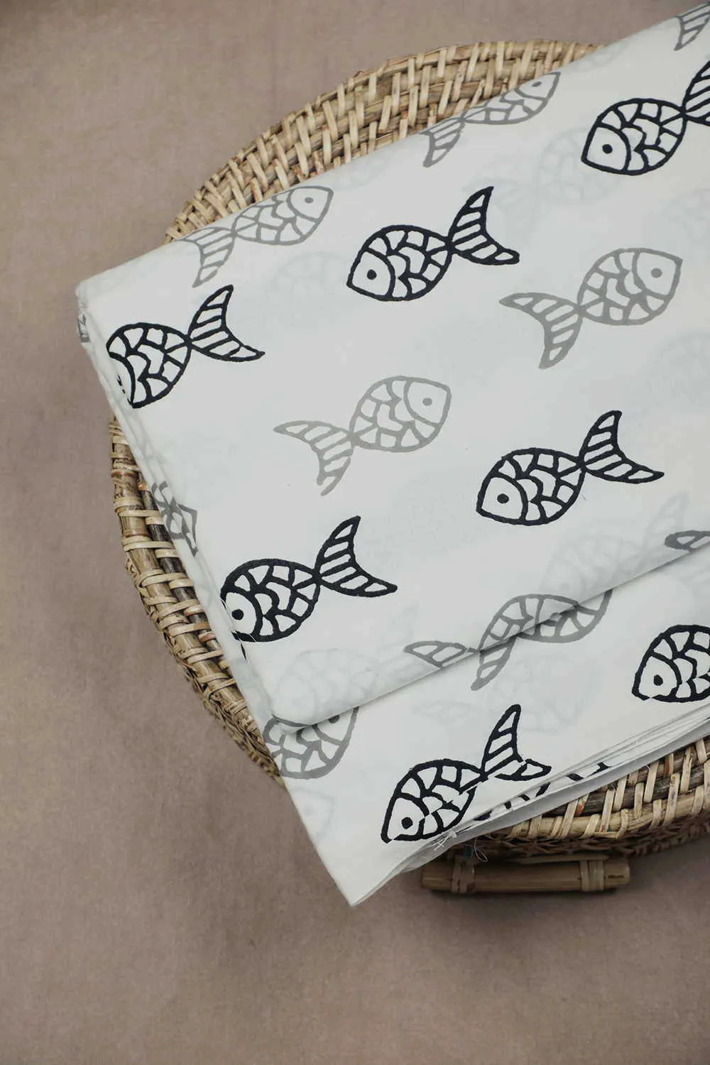 Fishes on Cream Bagru Cotton Fabric