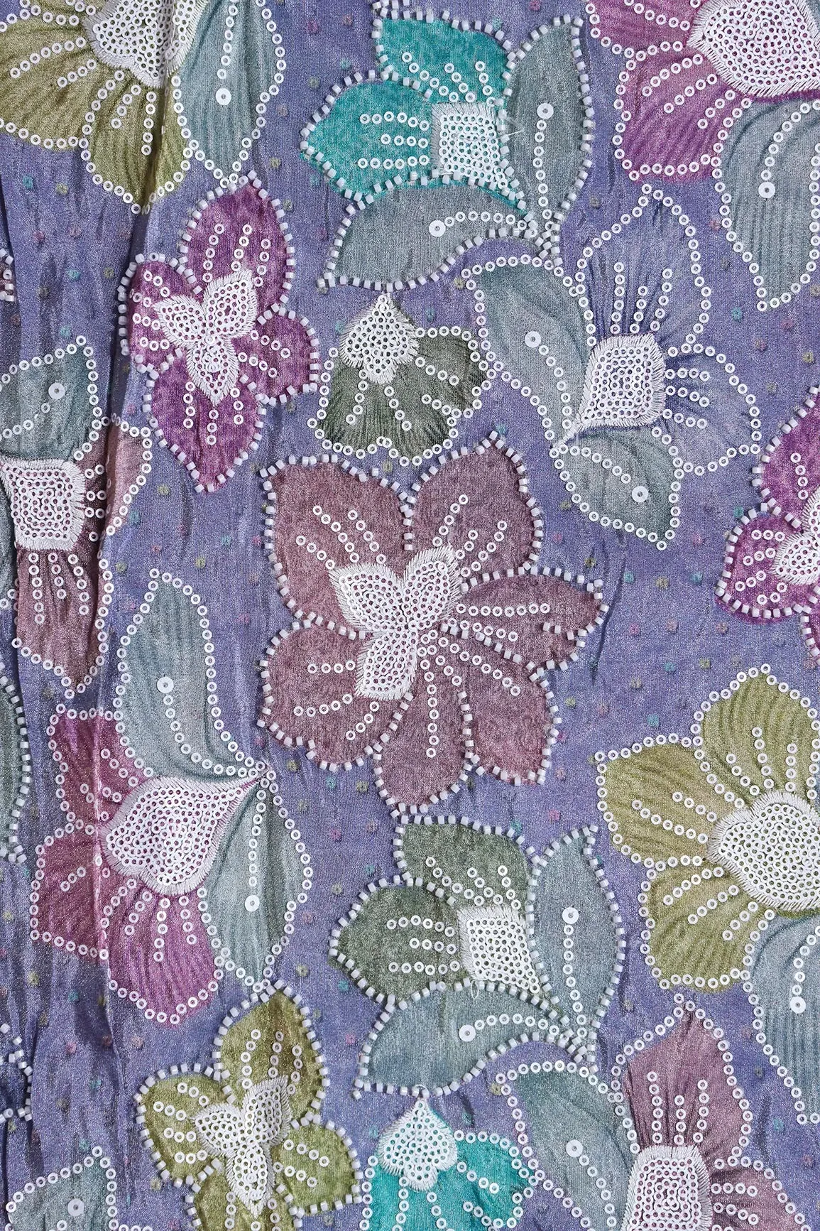 Floral Position Print With White Beads And White Sequins Embroidery On Lilac Viscose Zari Tissue Fabric