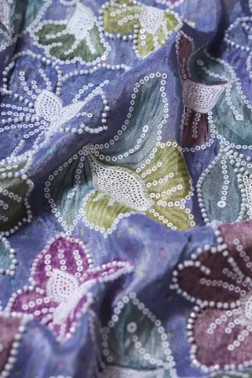 Floral Position Print With White Beads And White Sequins Embroidery On Lilac Viscose Zari Tissue Fabric