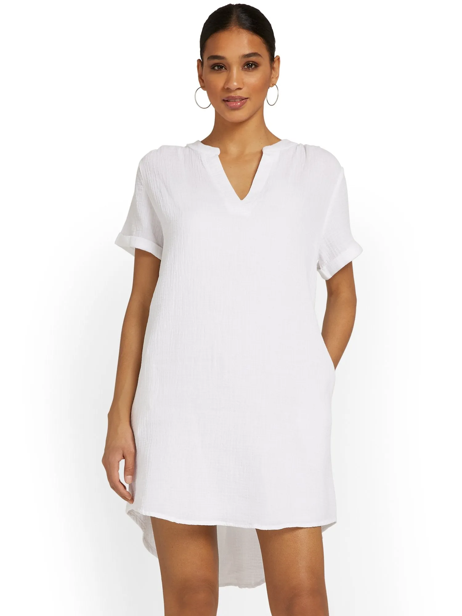 Gauze Split-Neck Dress - Optic White