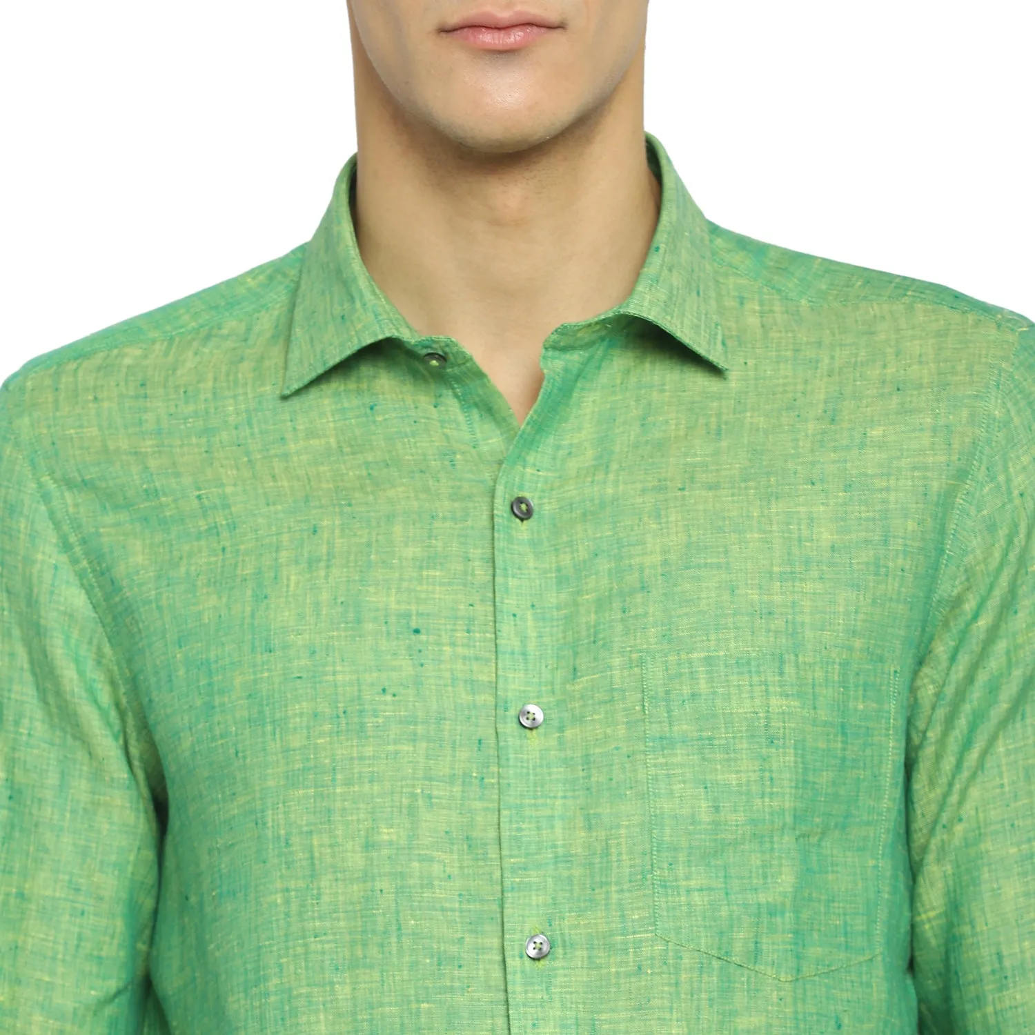 Green Linen Solid Slim Fit Shirts