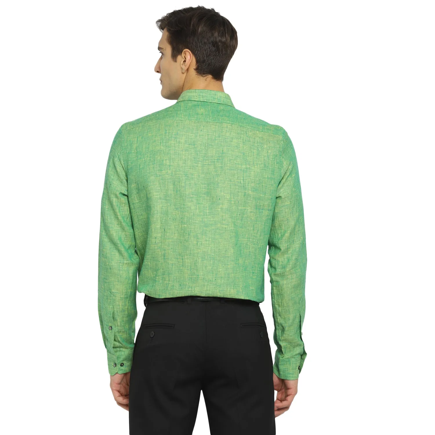 Green Linen Solid Slim Fit Shirts