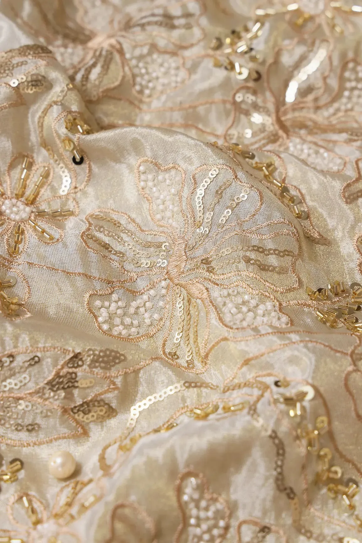 Heavy Gold Sequins With Beads And Beige Thread Floral Embroidery On Dyeable Viscose Zari Tissue Fabric