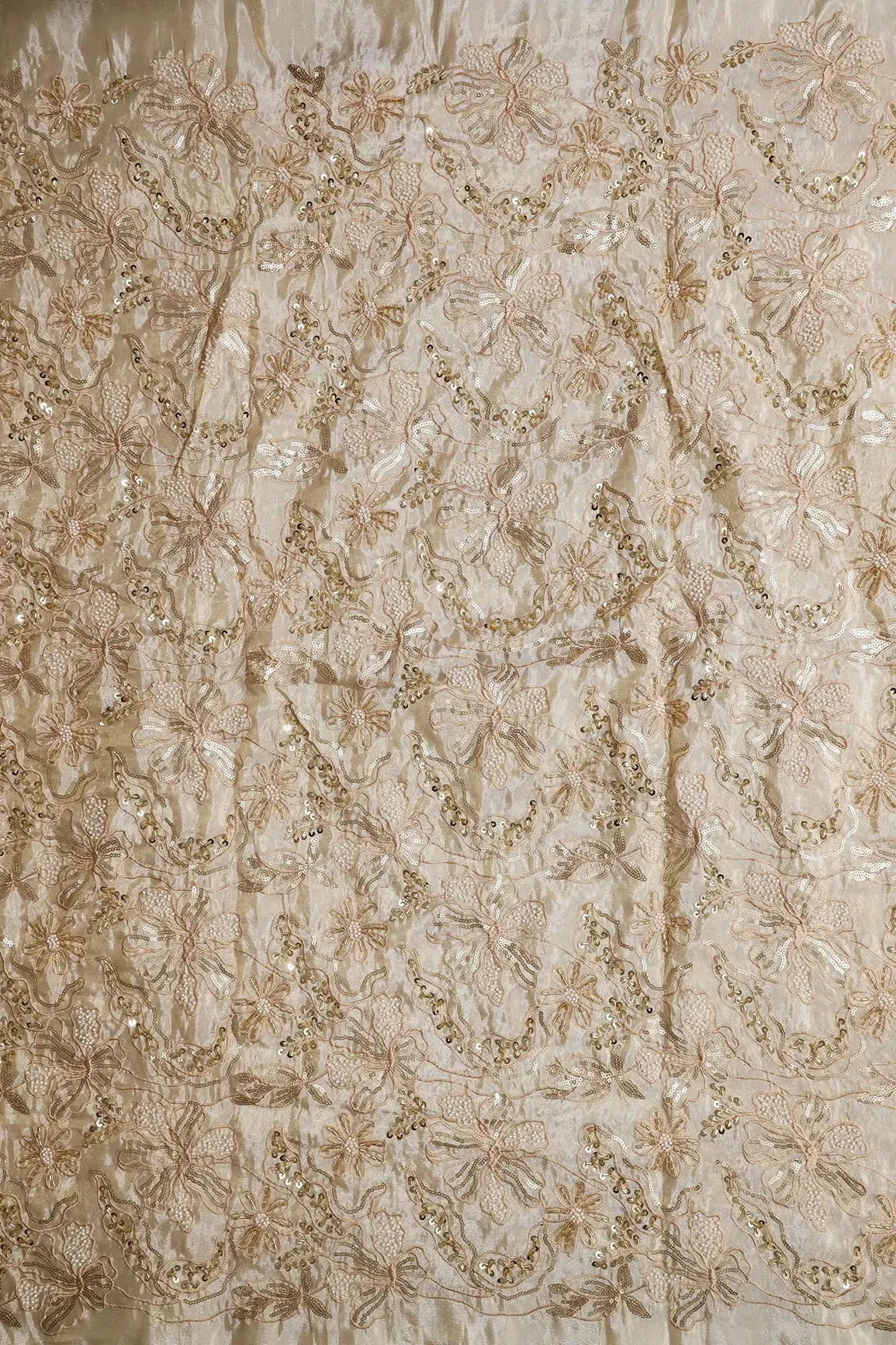 Heavy Gold Sequins With Beads And Beige Thread Floral Embroidery On Dyeable Viscose Zari Tissue Fabric