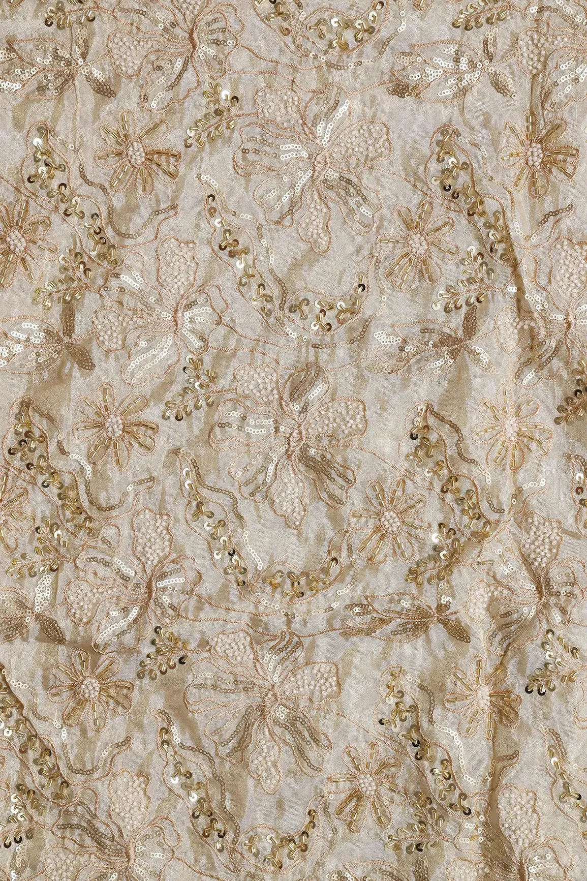 Heavy Gold Sequins With Beads And Beige Thread Floral Embroidery On Dyeable Viscose Zari Tissue Fabric