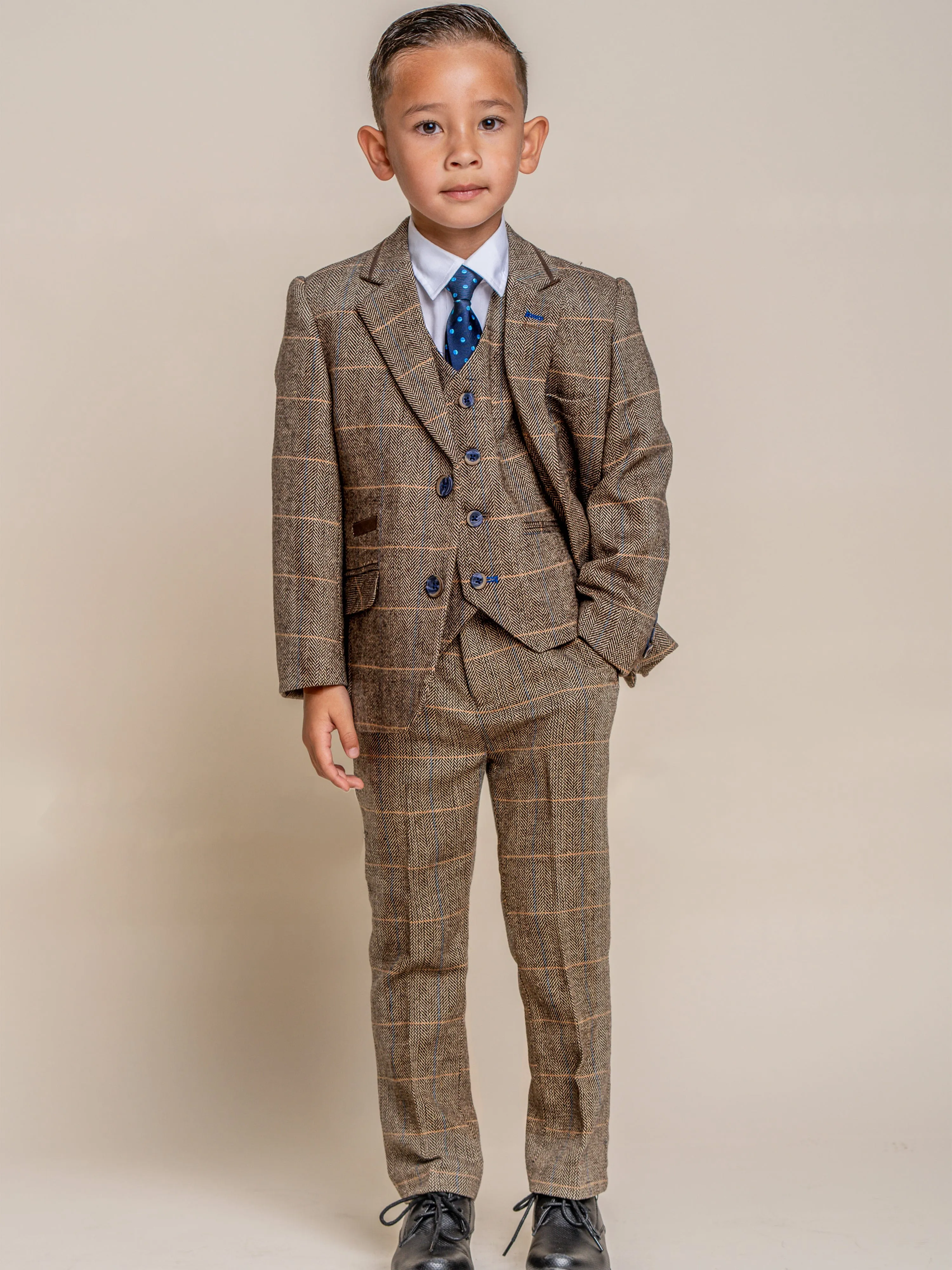 House Of Cavani Boys Albert Tweed Check Suit in Brown